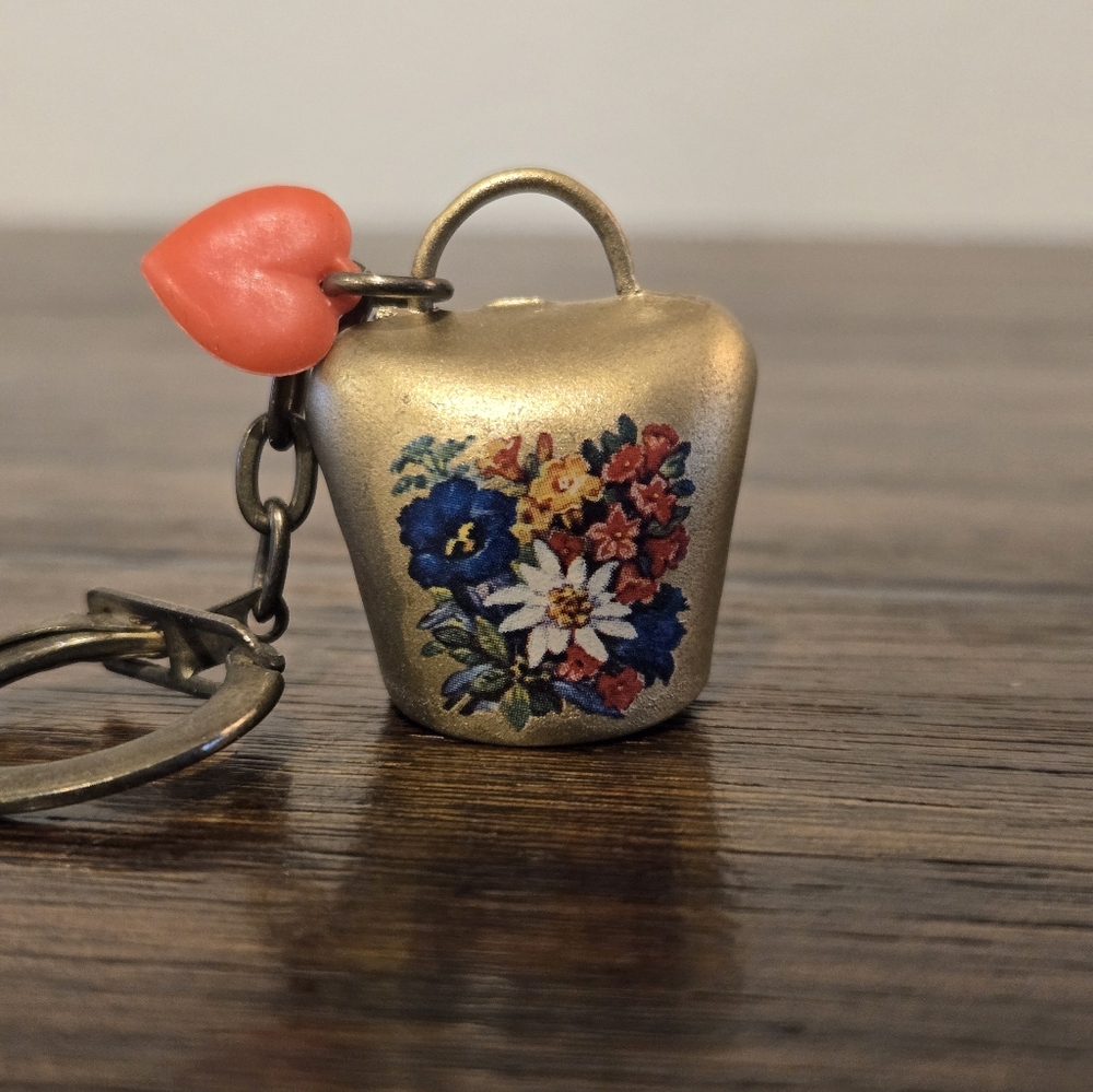 Lucerne Switzerland Swiss Brass Floral Mini Cowbell Red Heart Keychain